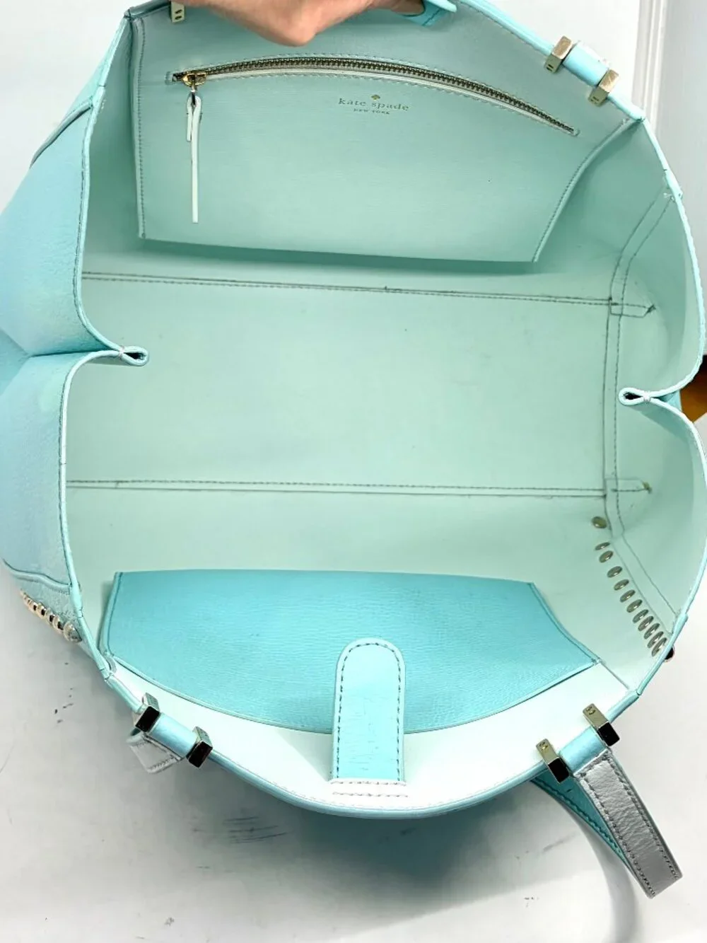 KATE SPADE~Romily Studded Pebbled Leather Open Tote Bag~Atoll Blue/Tiffany Blue